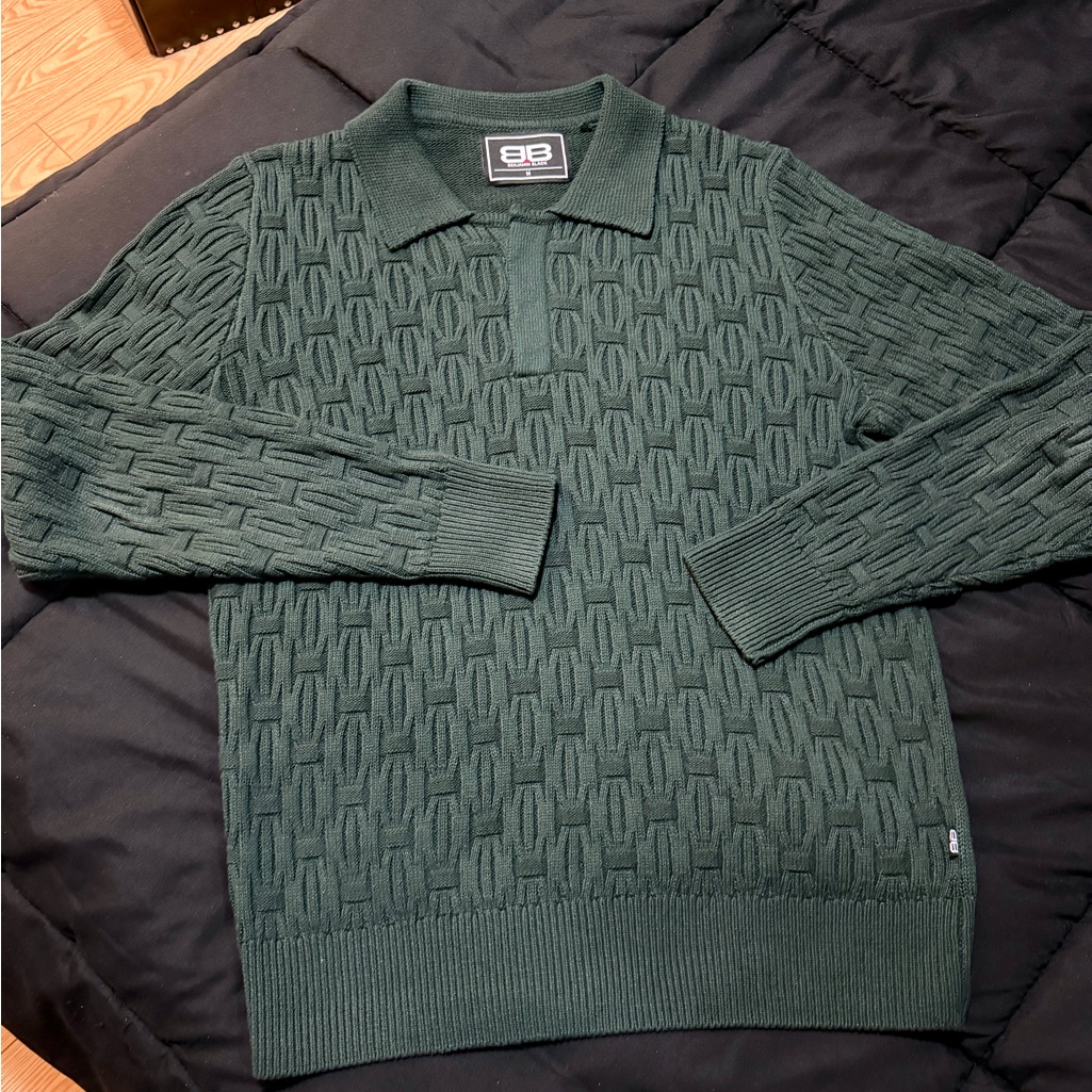 Dark Green Textured Knit Polo Sweater
